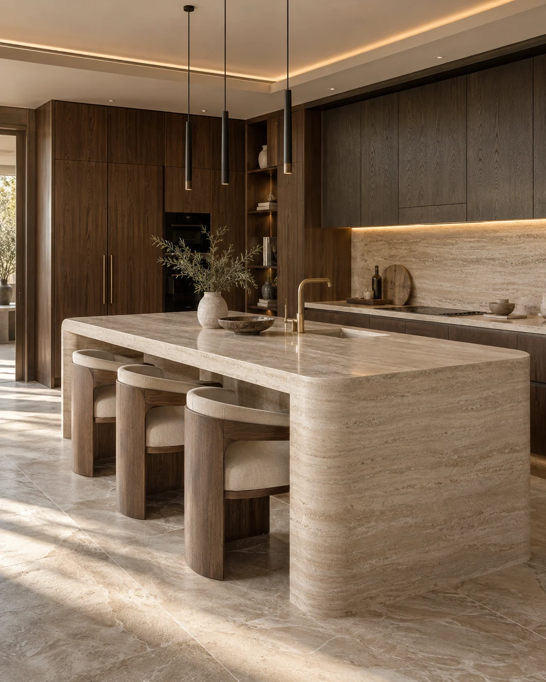 Cucina immaginaria con isola in pietra e finiture in legno caldo